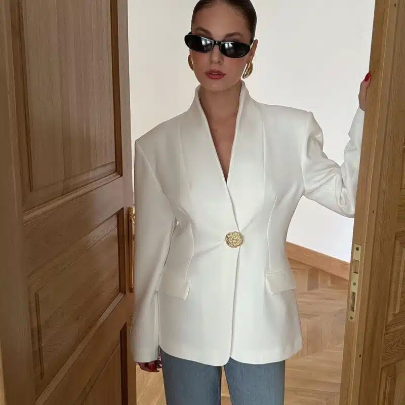 White Large Gold Buttoned Front Decorative Pocket Blazer Jacket
