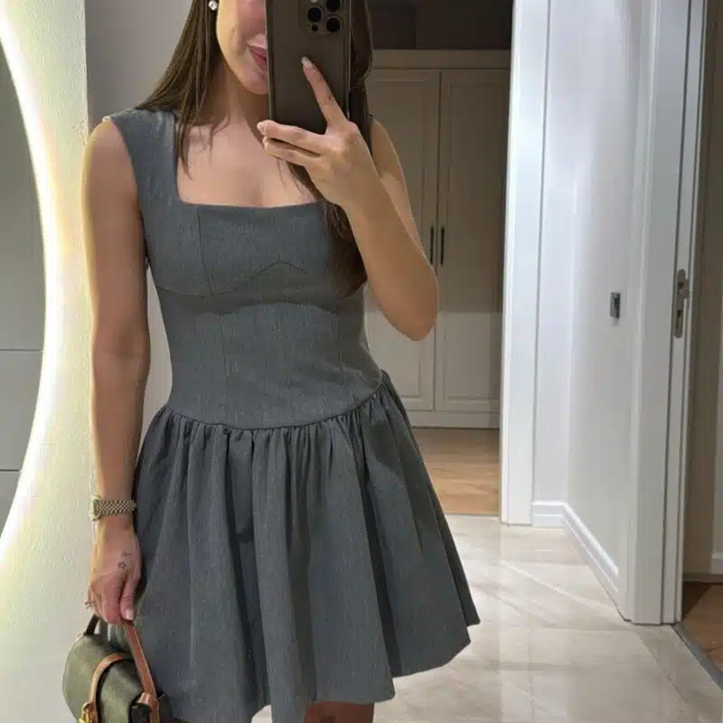 Gray Square Collar Pleated Dress