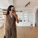 Carpedie Khaki Bow Stone Vest-Trouser Set