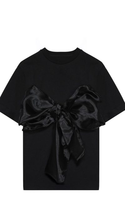 Black Ribbon Detailed Short Sleeve Tshirt