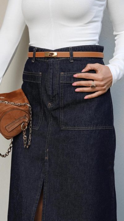 Front Slit Detail Denim Skirt