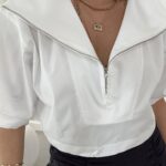 White Poplin Front Half Zippered Blouse