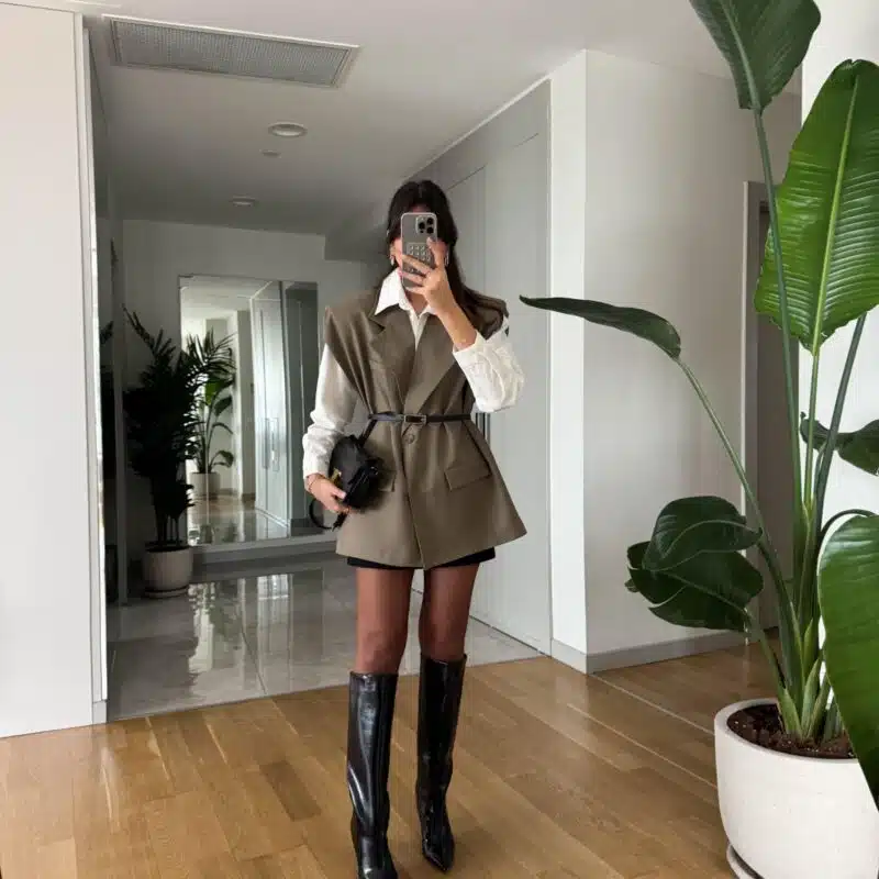 Belted Oversize Cut Padded Vest - Khaki