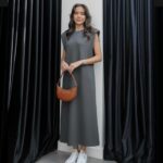 ANTHRACITE WADDED ZERO SLEEVE DRESS