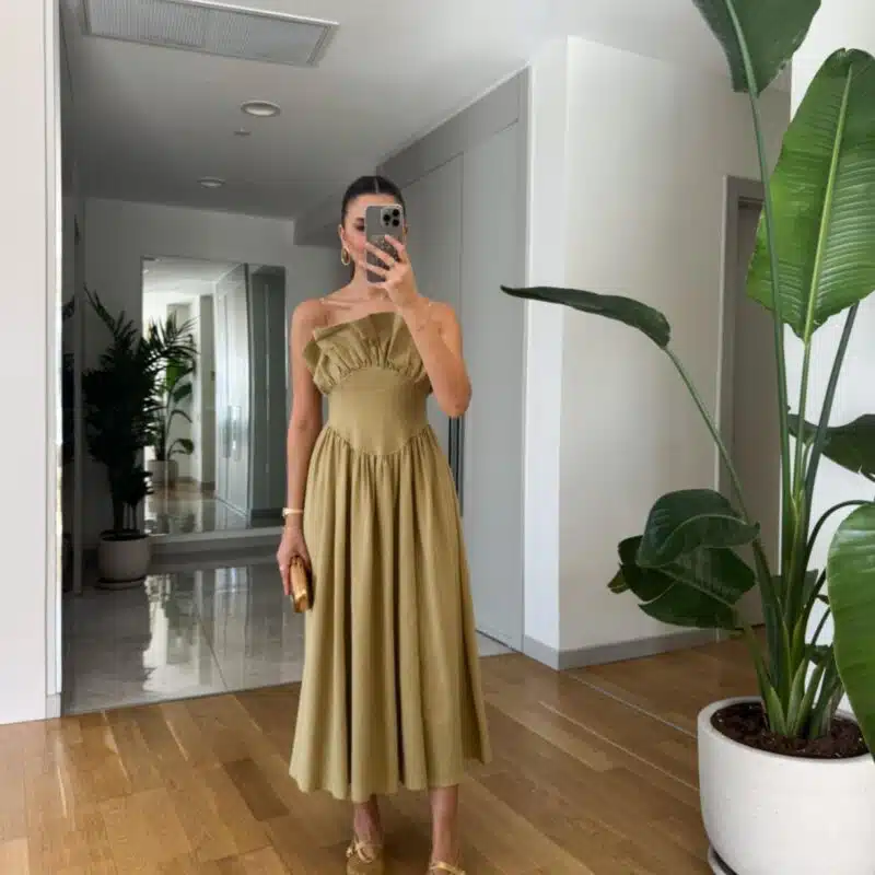 Collar Detailed Strappy Linen Look Dress - Oil Green