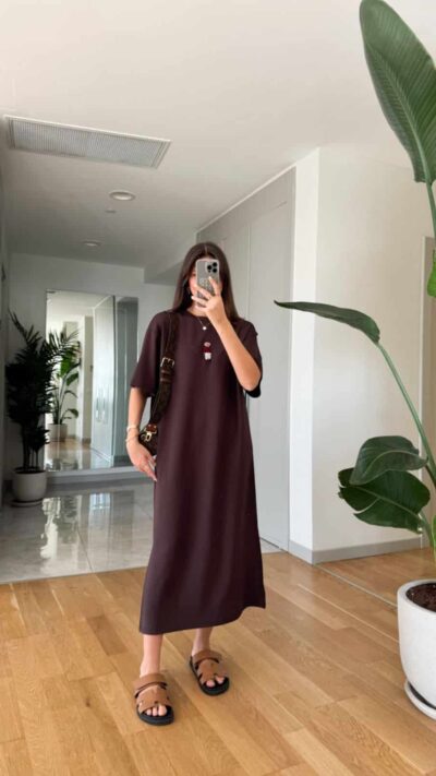 Teddy Embroidered Slit Combed Dress - Brown