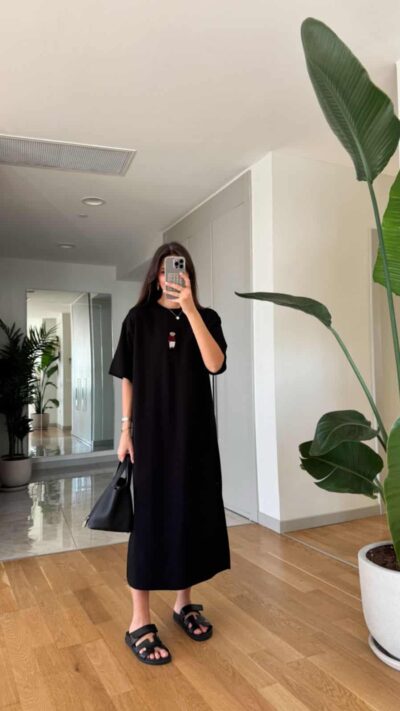 Teddy Embroidered Slit Combed Dress - Black