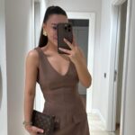 Brown V Neck Front Pocket Look Mini Dress