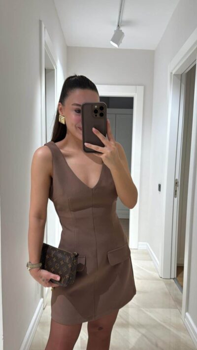 Brown V Neck Front Pocket Look Mini Dress