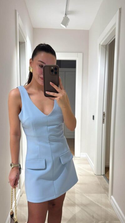 Baby Blue V Neck Front Pocket Look Mini Dress