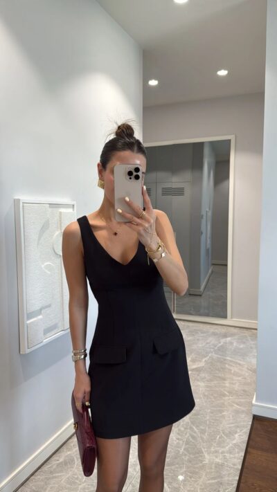 BLACK FRONT POCKET LOOK MINI DRESS
