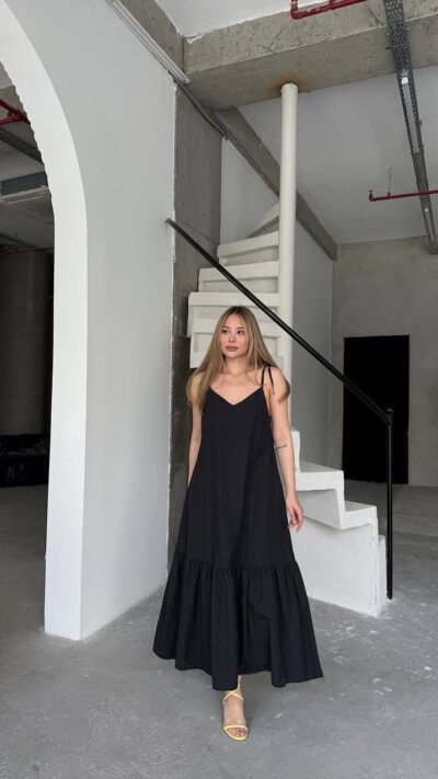 POPLIN FABRIC ADJUSTABLE STRAPS DRESS- Black