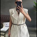 Knitted Belted Linen Vest NATUR
