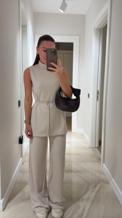 Stone Stand Collar Lace-Up Trousers Set