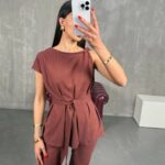 Shoulder Detailed Belted Linen Set