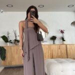 Mink Asymmetrical Cut Scarf Blouse Set