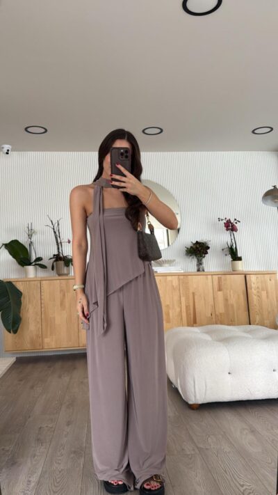 Mink Asymmetrical Cut Scarf Blouse Set