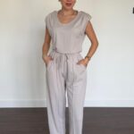 Shoulder Padded Sensual Fabric Beige Set