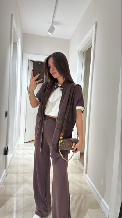 Brown Waist Elastic Detailed Vest Modal Set