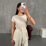 Stone Shoulder Detailed Belted Linen Set