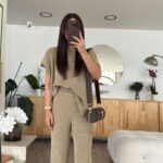 Beige Crew Neck Knitwear Blouse Set