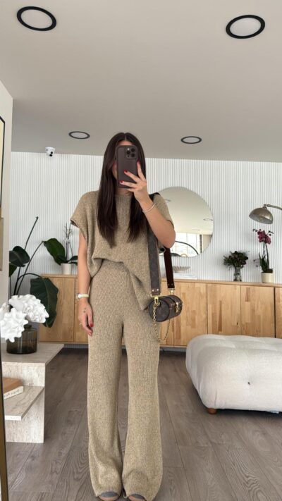Beige Crew Neck Knitwear Blouse Set