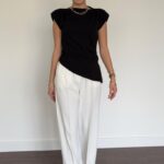 Black Blouse with Shoulder Wadded Side Slit Detailed