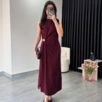 Burgundy Zero Sleeve Gold Detailed Slit Dress