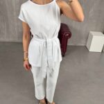 White Shoulder Detailed Belted Linen Set