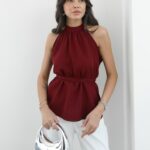 CLARET RED ROPE BELTED SLEEVELESS BLOUSE