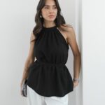 BLACK ROPE BELTED SLEEVELESS BLOUSE