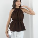 BROWN ROPE BELTED SLEEVELESS BLOUSE