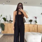 Black Asymmetrical Cut Scarf Blouse Set