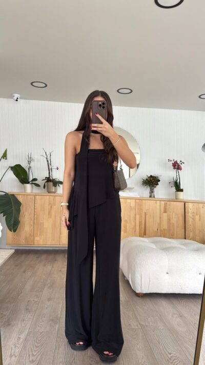Black Asymmetrical Cut Scarf Blouse Set