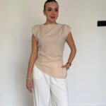 Shoulder Wadded Slit Detailed Beige Blouse