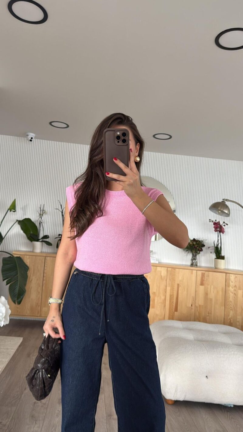 Pink Crew Neck Brand Model Knitwear Sweater