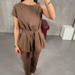Brown Shoulder Detailed Belted Linen Set