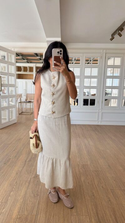 Orive Star Buttoned Vest-Skirt Set Ecru