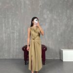 Khaki Zero Sleeve Gold Detailed Slit Dress