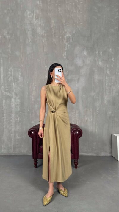 Khaki Zero Sleeve Gold Detailed Slit Dress