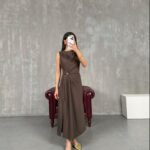 Brown Zero Sleeve Gold Detailed Slit Dress