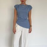 Blue Blouse with Shoulder Wadded Side Slit Detail
