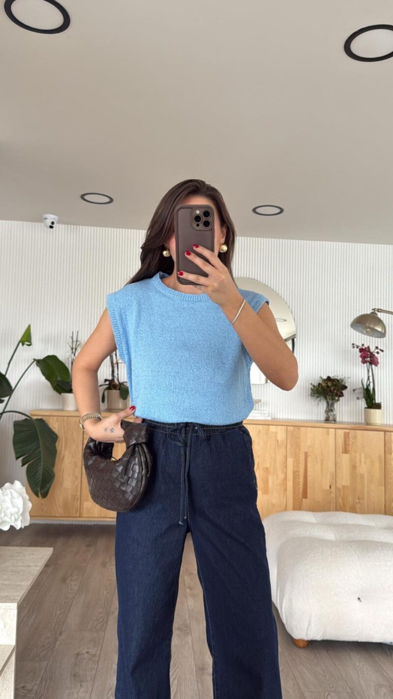 Blue Crew Neck Brand Model Knitwear Sweater