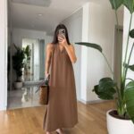 Lexi Halter Collar Linen Look Midi Dress- Khaki