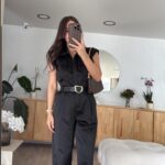 Black Wadded Belted Shiny Fabric Jumpsuit