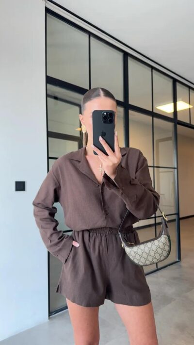 SHIRT SHORTS BITTER BROWN LINEN SET