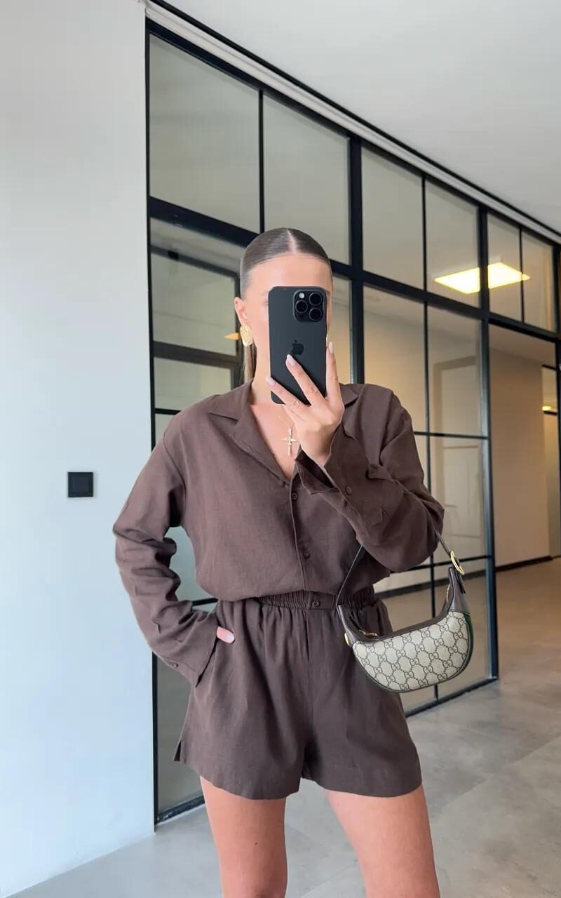 SHIRT SHORTS BITTER BROWN LINEN SET