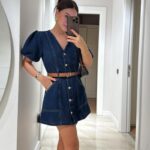 Navy Blue Balloon Sleeve Front Buttoned Jean Dress