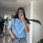 Short Sleeve Gold Buttoned Jacket - Blue