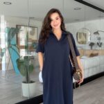 Navy Blue Polo Collar Pocket Brand Model Dress